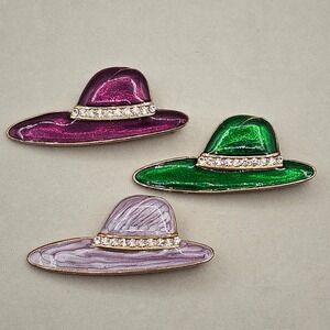 Enamel Sun Hat Brooch Pin Lot 3pc Purple Green Lavender Rhinestone Fashion